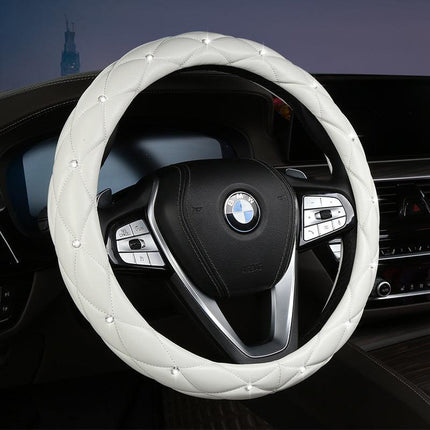 White Luxury Bling Steering Wheel Cover - Black Quilted Leather with Crystal Rhinestones, Universal 38cm Fit.