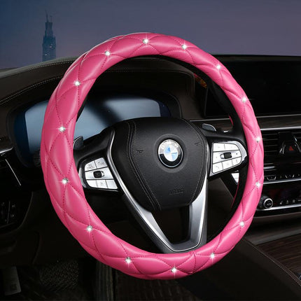 Rose Red Luxury Bling Steering Wheel Cover - Black Quilted Leather with Crystal Rhinestones, Universal 38cm Fit.