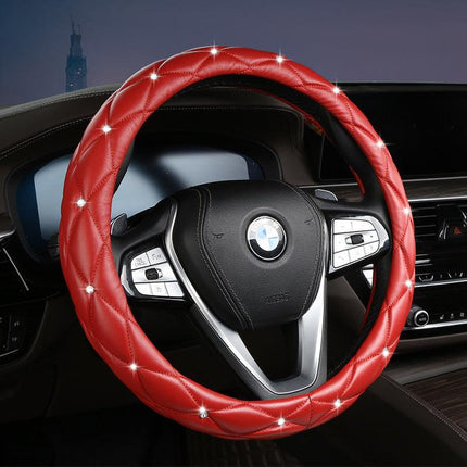 Red Luxury Bling Steering Wheel Cover - Black Quilted Leather with Crystal Rhinestones, Universal 38cm Fit.