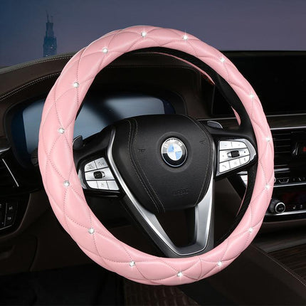 Pink Luxury Bling Steering Wheel Cover - Black Quilted Leather with Crystal Rhinestones, Universal 38cm Fit.