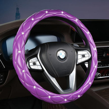 Purple Luxury Bling Steering Wheel Cover - Black Quilted Leather with Crystal Rhinestones, Universal 38cm Fit.