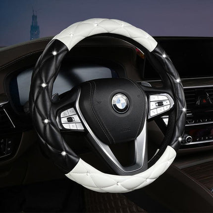 Black and White Luxury Bling Steering Wheel Cover - Black Quilted Leather with Crystal Rhinestones, Universal 38cm Fit.