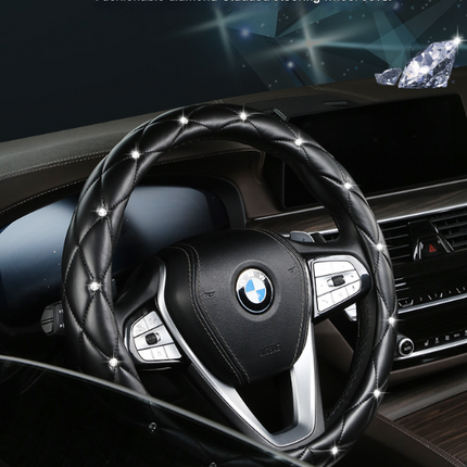 Black and White Luxury Bling Steering Wheel Cover - Black Quilted Leather with Crystal Rhinestones, Universal 38cm Fit.