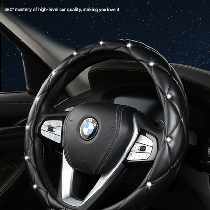 Black and White Luxury Bling Steering Wheel Cover - Black Quilted Leather with Crystal Rhinestones, Universal 38cm Fit.