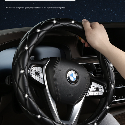 Black and White Luxury Bling Steering Wheel Cover - Black Quilted Leather with Crystal Rhinestones, Universal 38cm Fit.