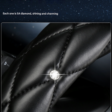 Black and White Luxury Bling Steering Wheel Cover - Black Quilted Leather with Crystal Rhinestones, Universal 38cm Fit.