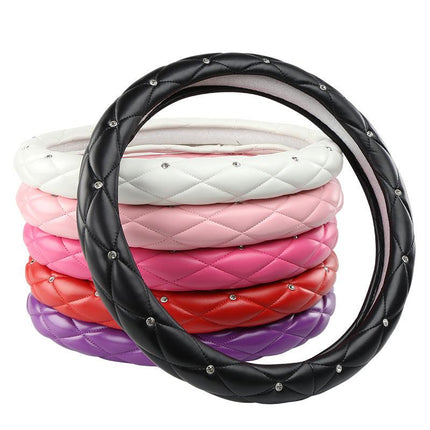 Black and White Luxury Bling Steering Wheel Cover - Black Quilted Leather with Crystal Rhinestones, Universal 38cm Fit.