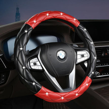 Black and Red Luxury Bling Steering Wheel Cover - Black Quilted Leather with Crystal Rhinestones, Universal 38cm Fit.