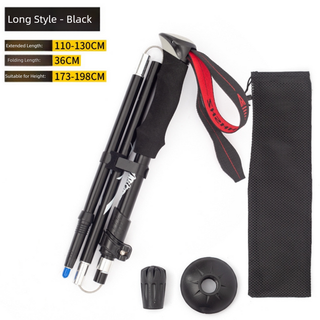 Long Black Ultralight Foldable Hiking Pole - Adjustable Aluminium Trekking Stick with EVA Grip for Outdoor Walking & Climbing.