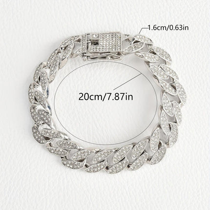 Silver 16mm Iced Out Cuban Link Bracelet - Heavy Paved Rhinestone Hip Hop Chain for Men.