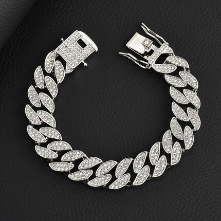 Silver 16mm Iced Out Cuban Link Bracelet - Heavy Paved Rhinestone Hip Hop Chain for Men.