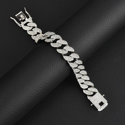 Silver 16mm Iced Out Cuban Link Bracelet - Heavy Paved Rhinestone Hip Hop Chain for Men.