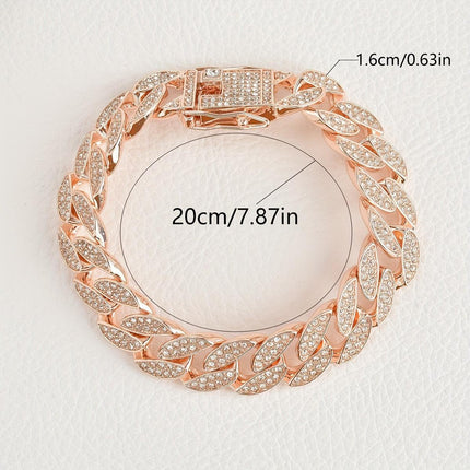 Rose Gold 16mm Iced Out Cuban Link Bracelet - Heavy Paved Rhinestone Hip Hop Chain for Men.