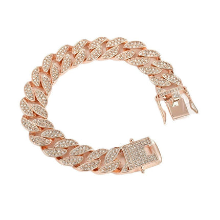 Rose Gold 16mm Iced Out Cuban Link Bracelet - Heavy Paved Rhinestone Hip Hop Chain for Men.
