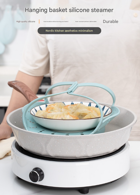 Small Pink Flexible Silicone Steamer Basket with Heat-Resistant Handles - Food-Grade Vegetable Steamer Insert for Pots & Pans.