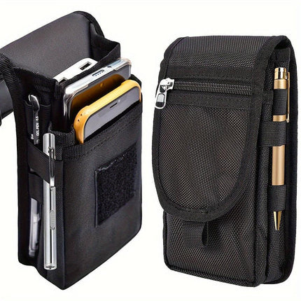 Black Heavy-Duty Tactical Phone Pouch - Multi-Pocket Belt Holster & Utility Waist Bag for Outdoor Work and EDC.