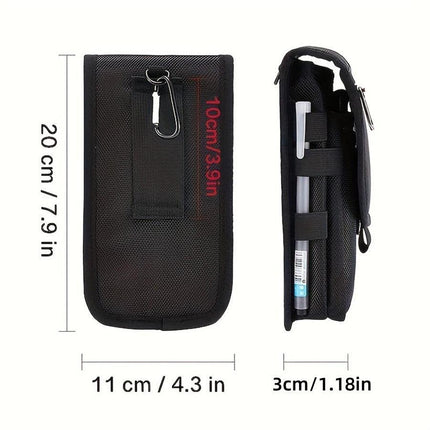 Black Heavy-Duty Tactical Phone Pouch - Multi-Pocket Belt Holster & Utility Waist Bag for Outdoor Work and EDC.