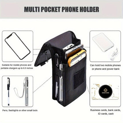 Black Heavy-Duty Tactical Phone Pouch - Multi-Pocket Belt Holster & Utility Waist Bag for Outdoor Work and EDC.