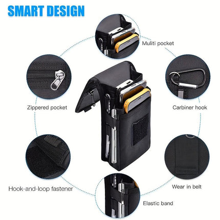 Black Heavy-Duty Tactical Phone Pouch - Multi-Pocket Belt Holster & Utility Waist Bag for Outdoor Work and EDC.