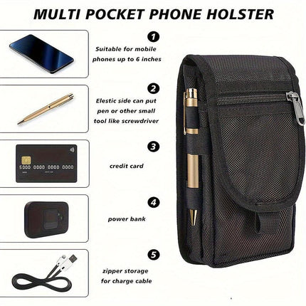 Black Heavy-Duty Tactical Phone Pouch - Multi-Pocket Belt Holster & Utility Waist Bag for Outdoor Work and EDC.