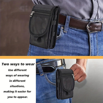 Black Heavy-Duty Tactical Phone Pouch - Multi-Pocket Belt Holster & Utility Waist Bag for Outdoor Work and EDC.