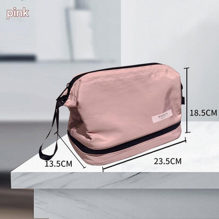 Pink Chic Dual-Compartment Makeup & Toiletry Bag - Large Capacity Travel Organizer with Brush Holder.