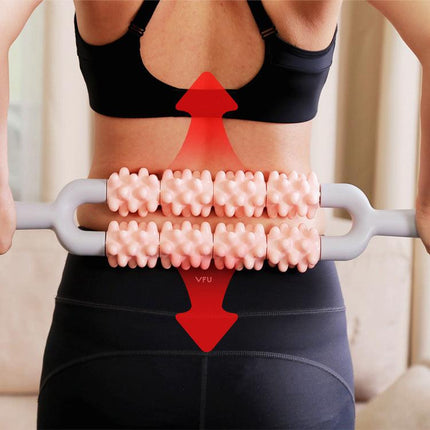 Blue and Grey Dual Row Spiky Muscle Roller Stick - Deep Tissue Massager for Back and Leg Recovery.