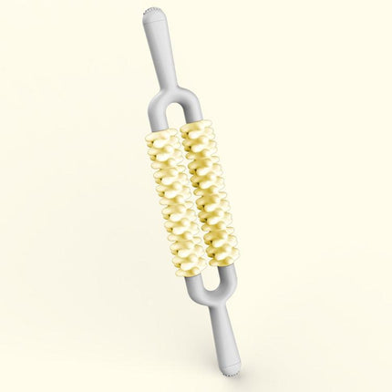 Yellow and Grey Dual Row Spiky Muscle Roller Stick - Deep Tissue Massager for Back and Leg Recovery.