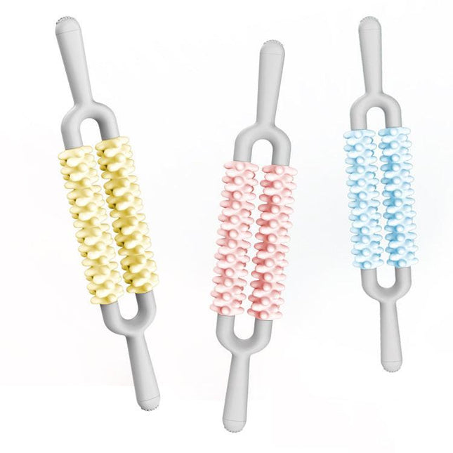 Yellow and Grey Dual Row Spiky Muscle Roller Stick - Deep Tissue Massager for Back and Leg Recovery.