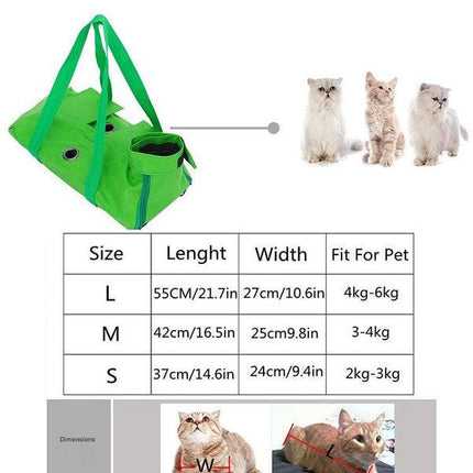 Size L Green Multi-Functional Cat Grooming Bag - Anti-Scratch Restraint Pouch for Nail Trimming and Vet Visits.