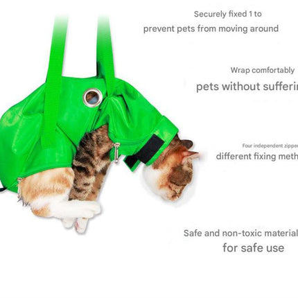 Size L Green Multi-Functional Cat Grooming Bag - Anti-Scratch Restraint Pouch for Nail Trimming and Vet Visits.