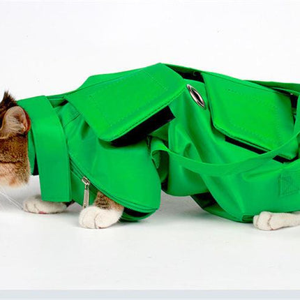 Size L Green Multi-Functional Cat Grooming Bag - Anti-Scratch Restraint Pouch for Nail Trimming and Vet Visits.