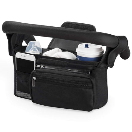 Black Universal Stroller Organiser Caddy with Insulated Cup Holders and Detachable Wristlet.