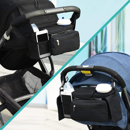 Blue Universal Stroller Organiser Caddy with Insulated Cup Holders and Detachable Wristlet.