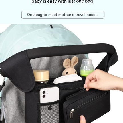 Pink Universal Stroller Organiser Caddy with Insulated Cup Holders and Detachable Wristlet.