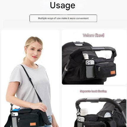 Black and Pink Stitching Universal Stroller Organiser Caddy with Insulated Cup Holders and Detachable Wristlet.
