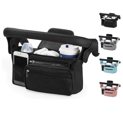 Pink and Black Stitching Universal Stroller Organiser Caddy with Insulated Cup Holders and Detachable Wristlet.