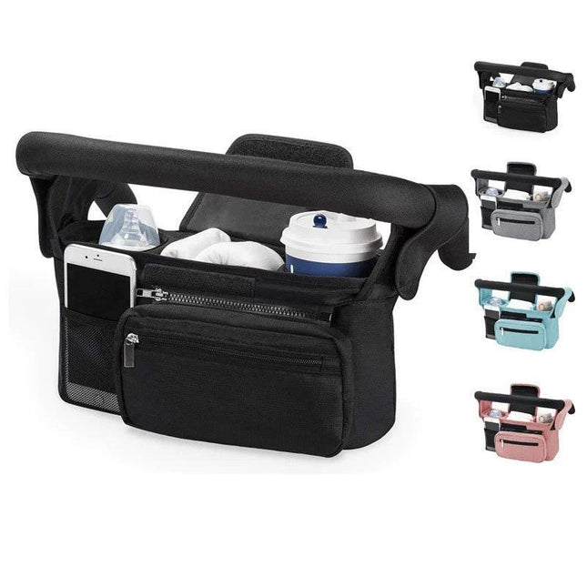 Pink and Black Stitching Universal Stroller Organiser Caddy with Insulated Cup Holders and Detachable Wristlet.