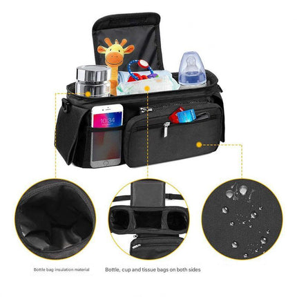 Pink and Black Stitching Universal Stroller Organiser Caddy with Insulated Cup Holders and Detachable Wristlet.