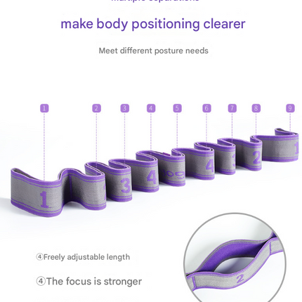 Blue and Purple 9-Loop Yoga Stretch Strap - Numbered Band for Flexibility and Physical Therapy.