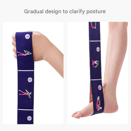 Dark Blue Instructional Yoga Stretch Strap with Embroidered Pose Guide - 11-Loop Flexibility Band.