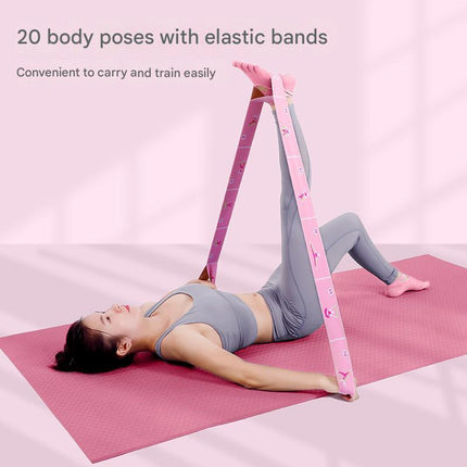 Pink Instructional Yoga Stretch Strap with Embroidered Pose Guide - 11-Loop Flexibility Band.