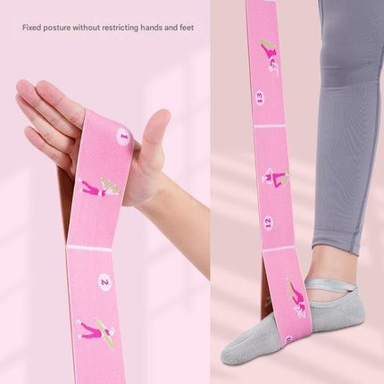 Pink Instructional Yoga Stretch Strap with Embroidered Pose Guide - 11-Loop Flexibility Band.