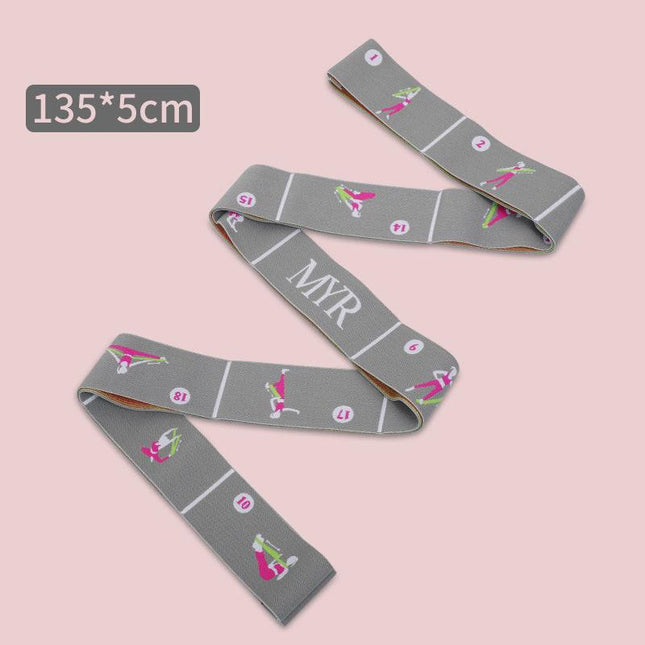 Grey Instructional Yoga Stretch Strap with Embroidered Pose Guide - 11-Loop Flexibility Band.