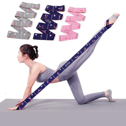 Grey Instructional Yoga Stretch Strap with Embroidered Pose Guide - 11-Loop Flexibility Band.