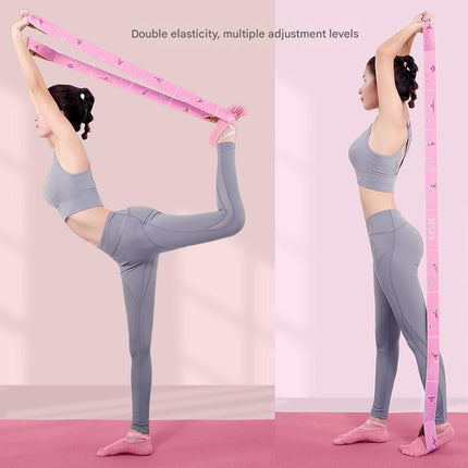 Grey Instructional Yoga Stretch Strap with Embroidered Pose Guide - 11-Loop Flexibility Band.