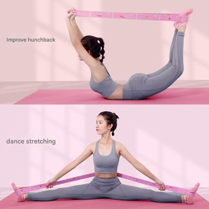 Grey Instructional Yoga Stretch Strap with Embroidered Pose Guide - 11-Loop Flexibility Band.