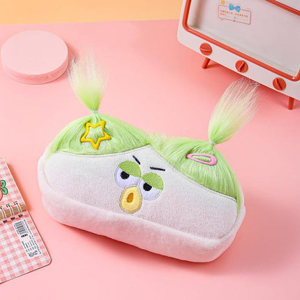 Beige and Light Green Hair Cute Plush Monster Pencil Case - Fluffy Stationery Pouch with DIY Styleable Hair for Kids.
