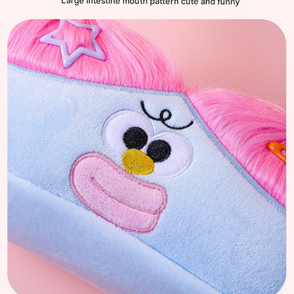 Beige and Light Green Hair Cute Plush Monster Pencil Case - Fluffy Stationery Pouch with DIY Styleable Hair for Kids.