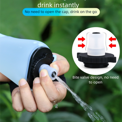 Blue Collapsible Handheld Running Flask - 350ml Lightweight Silicone Water Bottle with Bite Valve.